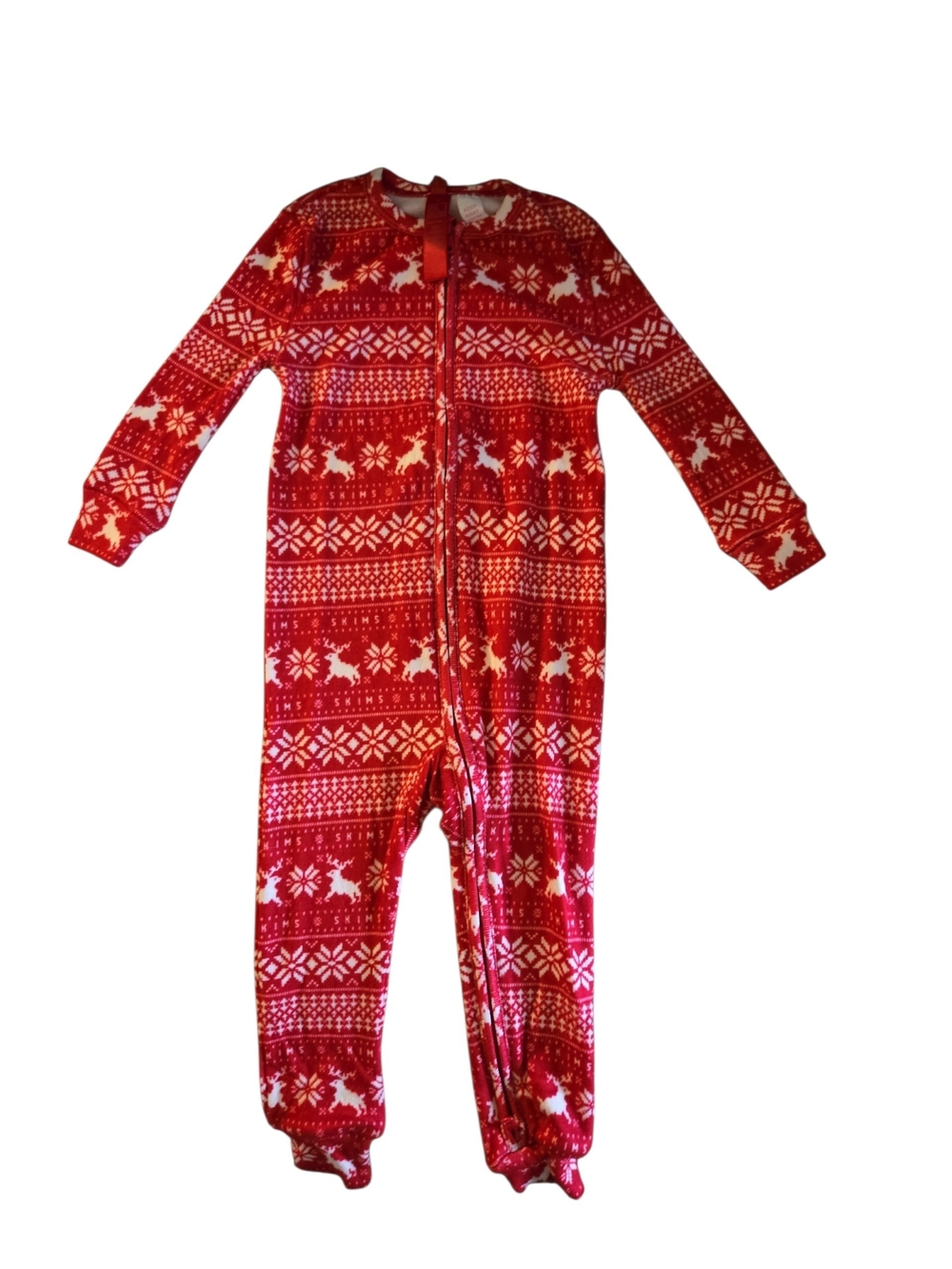 NWT SKIMS Logo Plush Pointelle Red Deer Fairisle Reindeer Baby Sleep Onesie 12M